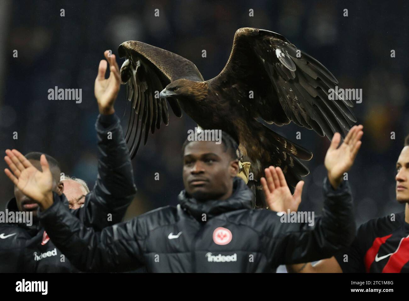 Frankfurt, Deutschland. 09th Dec, 2023. 09.12.2023 Fussball 1.Bundesliga 14.Spieltag Eintracht Frankfurt - FC Bayern München v.l., Eintracht Frankfurt mascot golden eagle Attila (Falkner Norbert Lawitschka) Credit: dpa/Alamy Live News Stock Photo