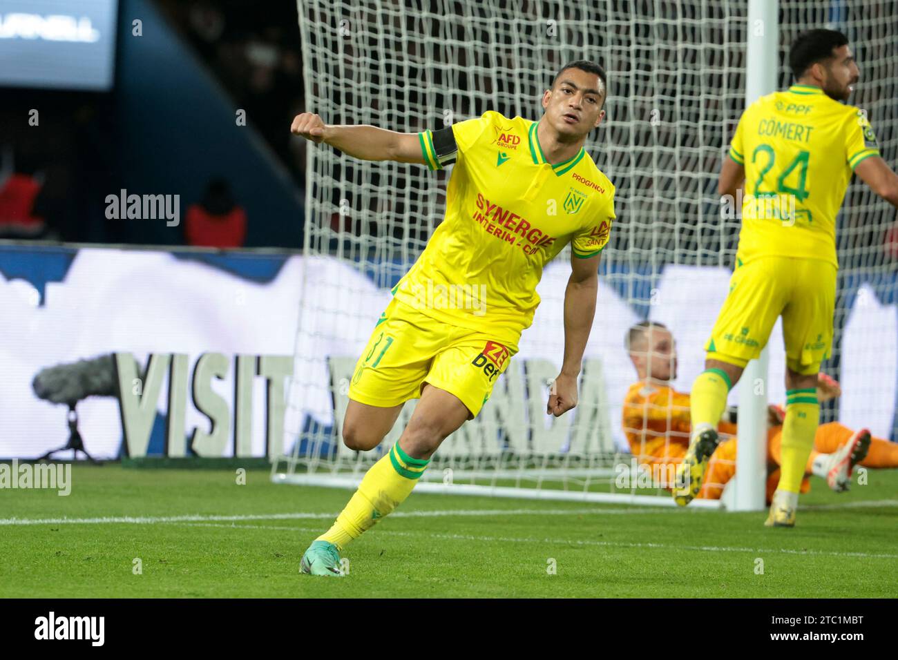 Paris, France. 09th Dec, 2023. Mostafa Mohamed of Nantes celebrates his ...