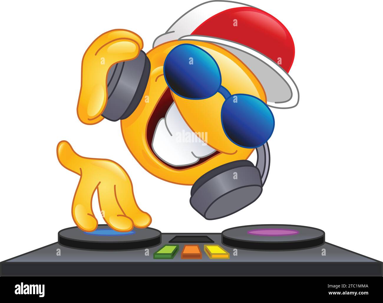 Happy DJ emoji emoticon with headphones and sunglasses, playing and mixing electronic music on the turntables deck Stock Vector