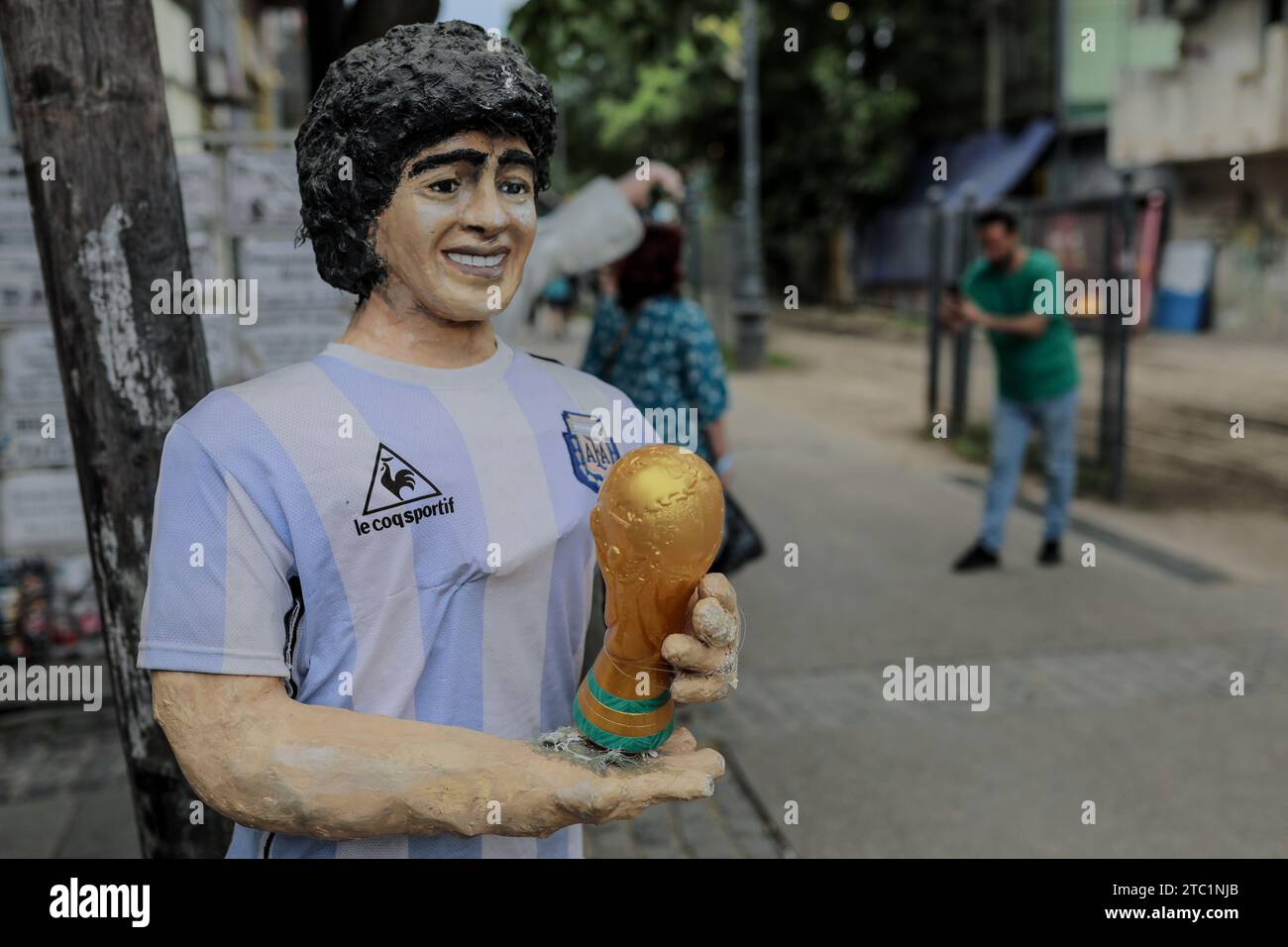 A statue of the late Argentine soccer player, Diego Maradona, seen in the 'caminitos' sector, before the change of government amid economic and social upheaval. President-elect Javier Milei of La Libertad Avanza, a far-right libertarian who burst onto the Argentine political scene with eccentric and radical proposals, will take office on Sunday, December 10, replacing incumbent Peronist Alberto Fernández. Milei describes himself as an 'anarcho-capitalist' libertarian who wants to drastically reduce the size of the state and replace the local peso with the US dollar. The new administration will Stock Photo