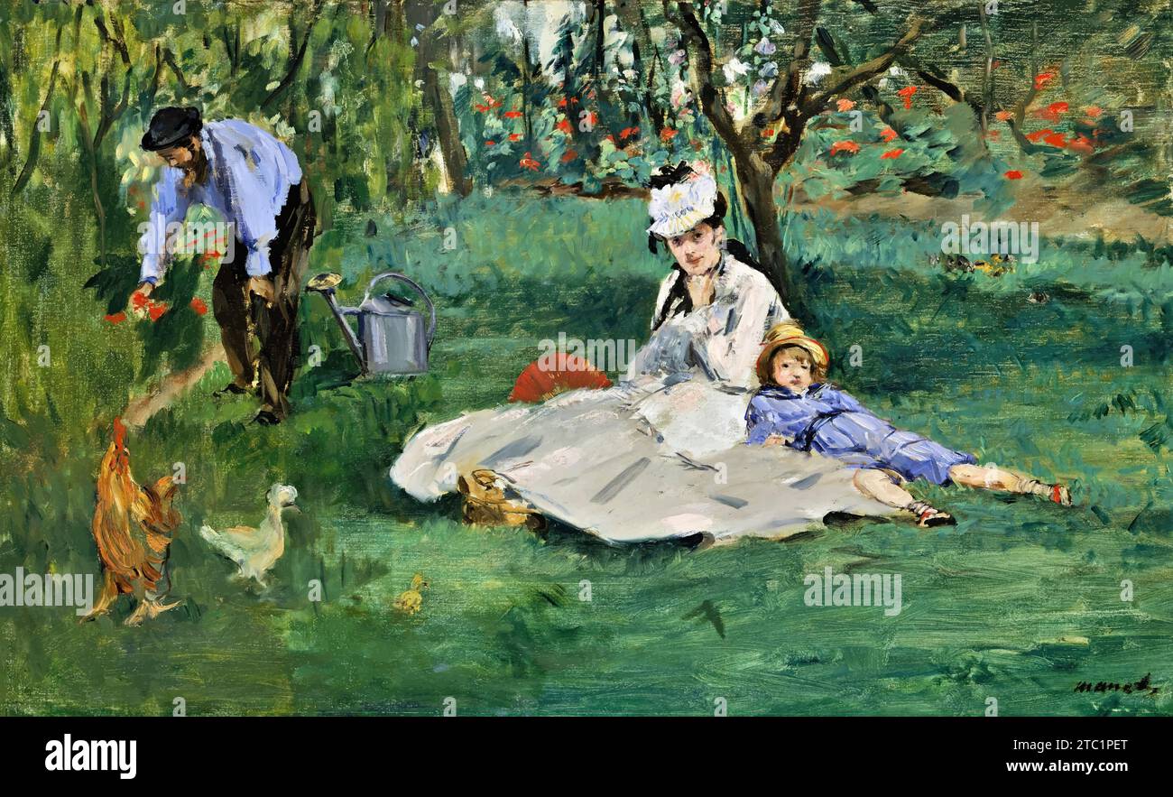 The Monet Family in Their Garden at Argenteuil, 1874 (oil on canvas) by Artist Manet, Edouard (1832-83) / French Stock Vector