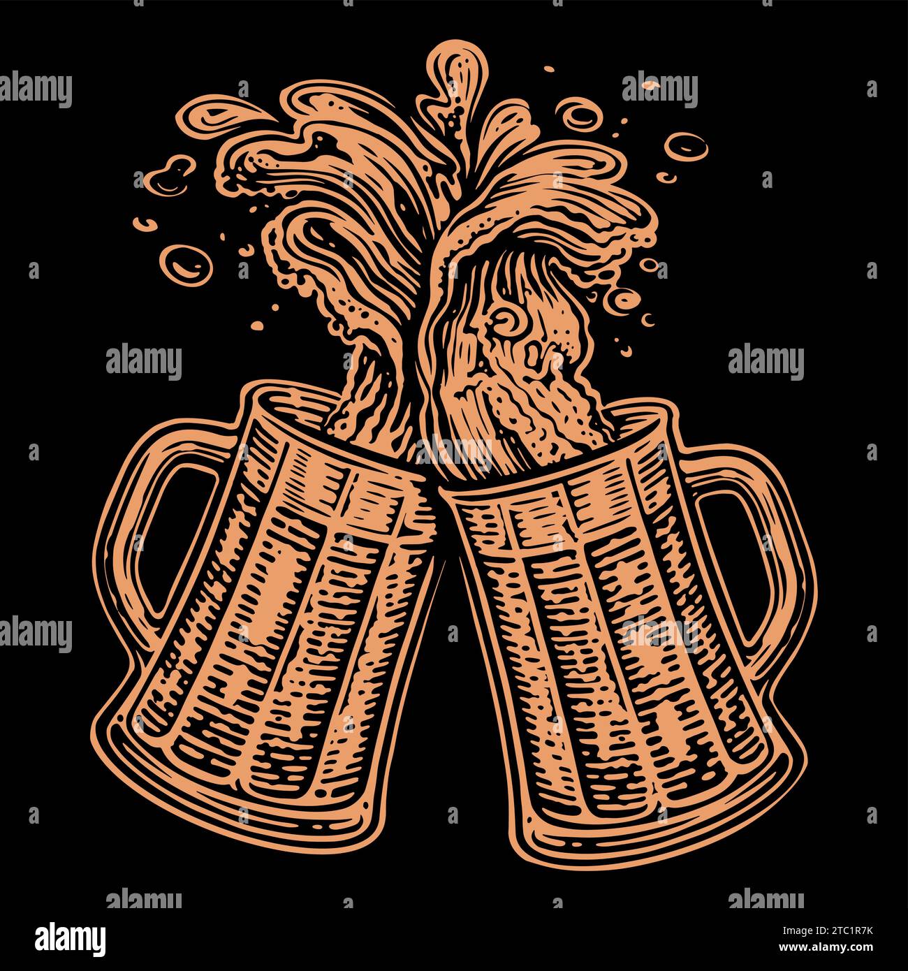 Cheers,Two clinking glasses mugs. Clinking glass tankards full of beer and splashed foam. Hand drawn vector illustration Stock Vector