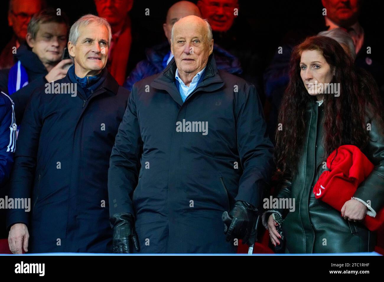 Oslo 20231209.Jonas Gahr Stoere (Labour), King Harald and Lise Klavenes during the cup final in men's football 2023 between Bodoe/Glimt and Molde at the Ullevaal stadium in Oslo. Photo: Fredrik Varfjell / NTB Stock Photo
