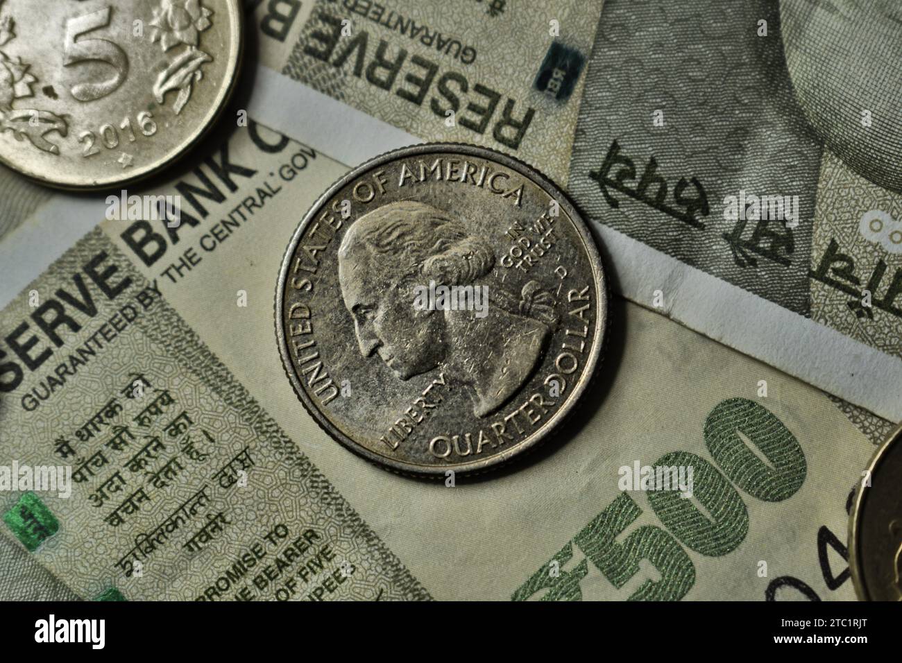 US Quarter Dollar Is Stacked Under Indian Currency Of Five Hundred yesterday-dollar-rate-in-india-currency-exchange-rates