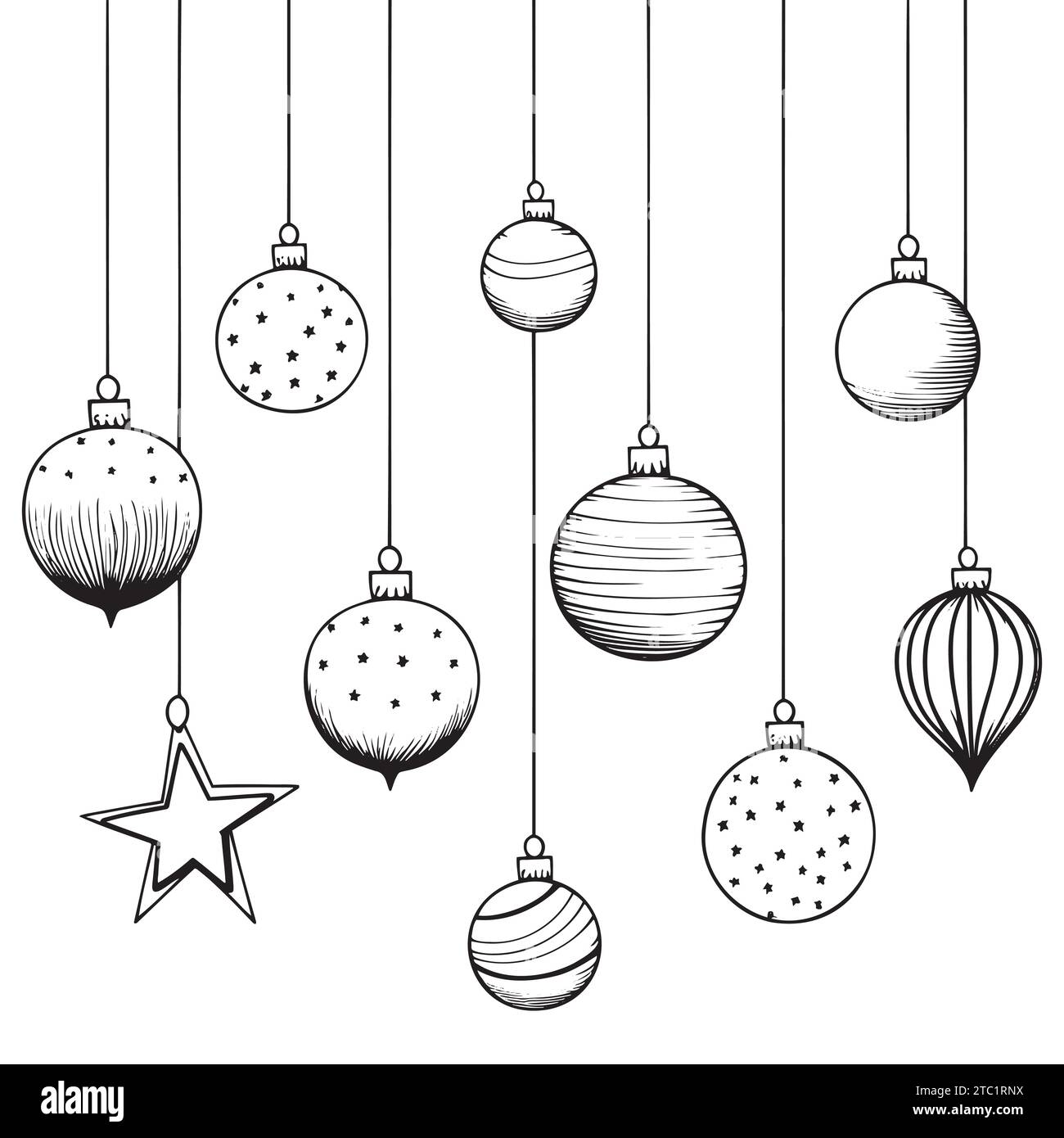 Christmas tree decorations, Christmas balls. Black and white illustration Stock Vector