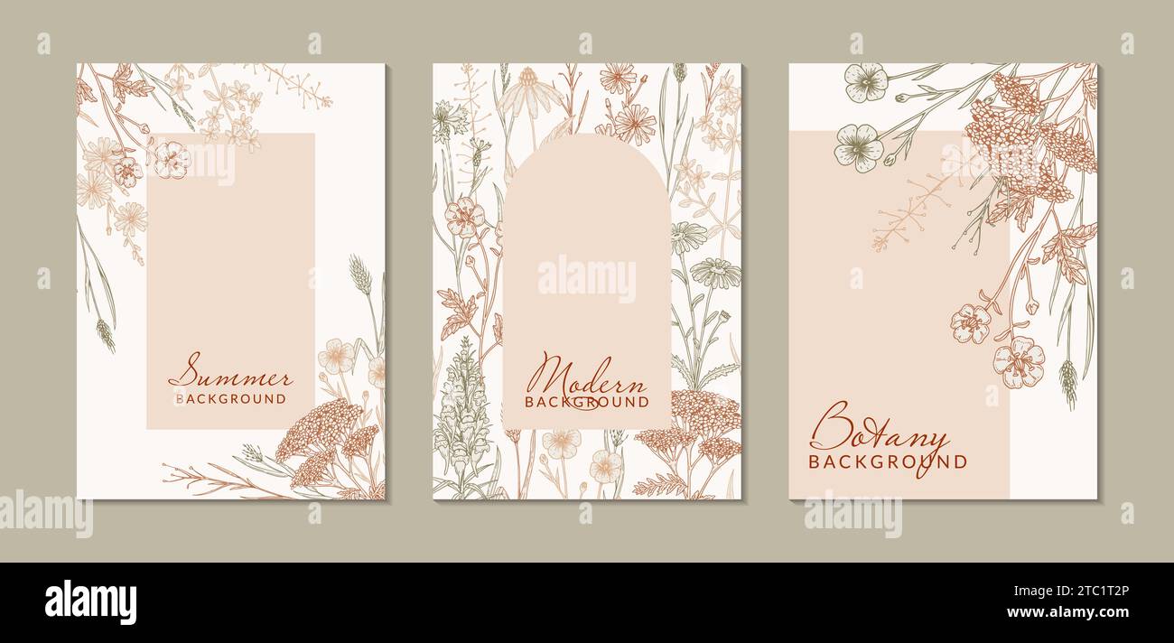Summer vertical design with wildflowers. Hand drawn vector illustration in sketch style. Social media stories template. Meadow flowers poster. Wedding Stock Vector