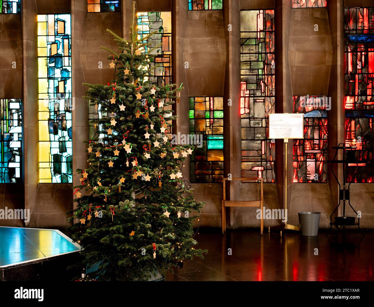 Christmas tree inside Coventry Cathedral, West Midlands, England, UK