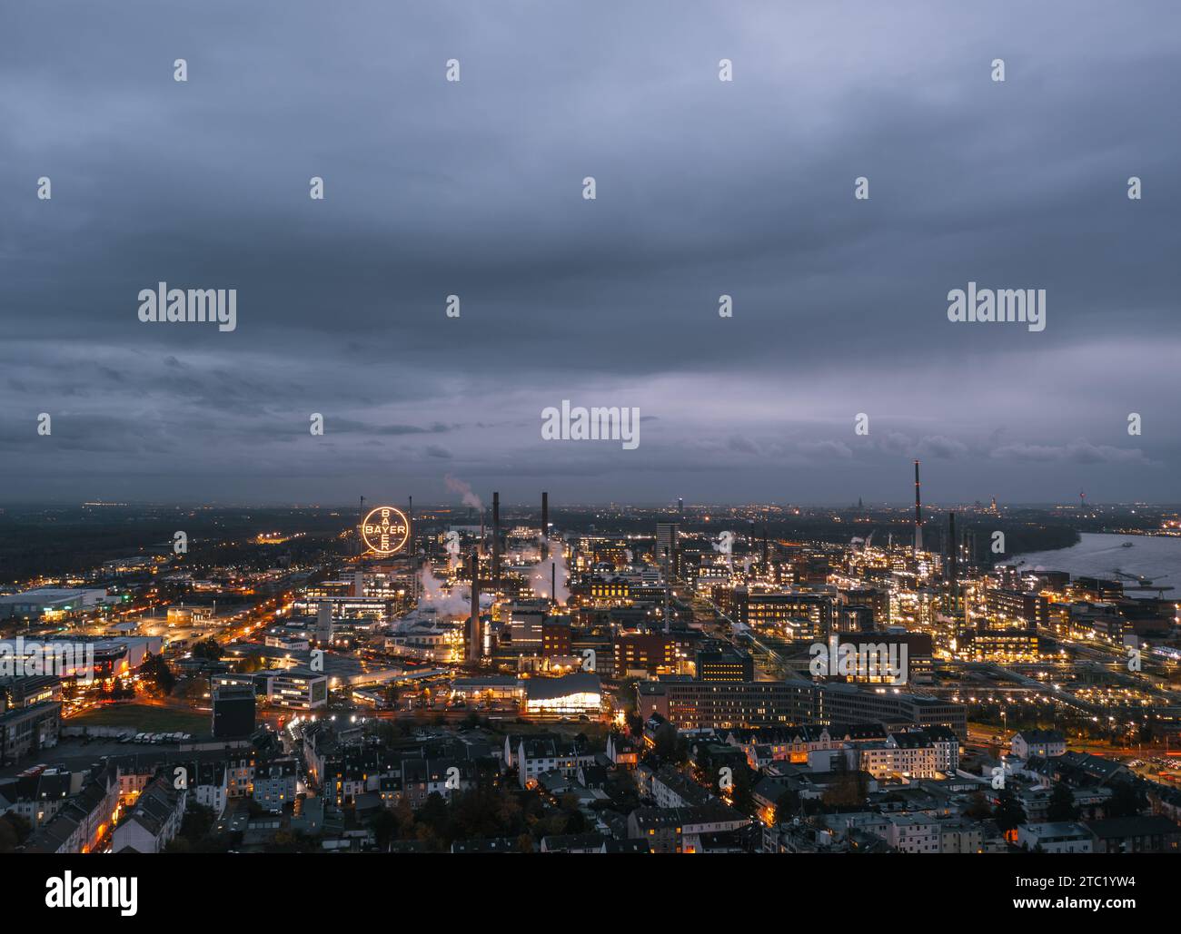 Leverkusen, North RhineWestphalia, Germany. Aerial night skyline view