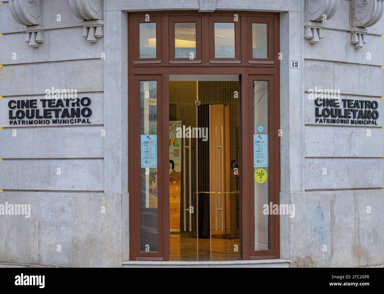 front facade of the entrance to the cine Teatro Louletano world heritage site, Loulé in the Algarve region Stock Photo
