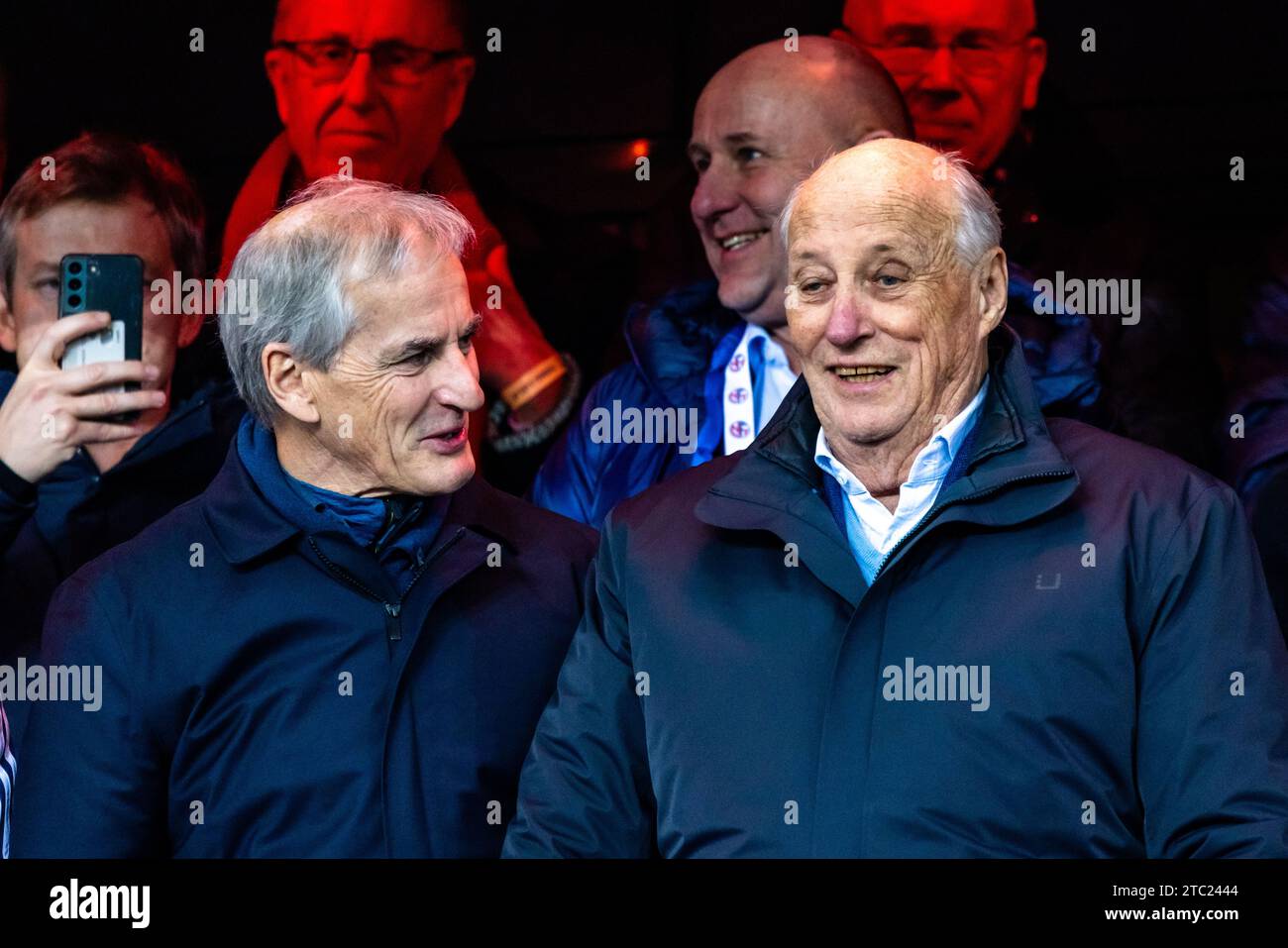 Oslo, Norway. 09th Dec, 2023. Prime Minister of Norway Jonas Gahr Store (L) seen with His Majesty King Harald V of Norway during the Norwegian Cup final 2023, the NM Menn final, between FK Bodoe/Glimt and Molde FK at Ullevaal Stadion in Oslo. (Photo Credit: Gonzales Photo/Alamy Live News Stock Photo