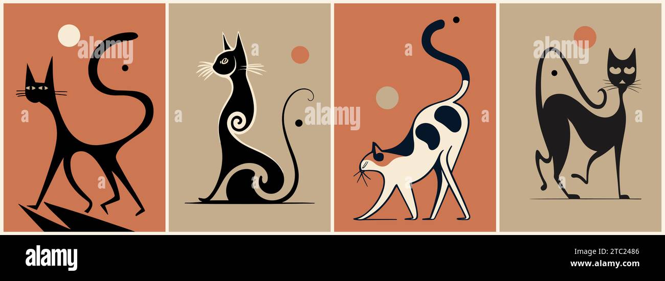 Set of retro Cat posters in Mid Century style. Stock Vector
