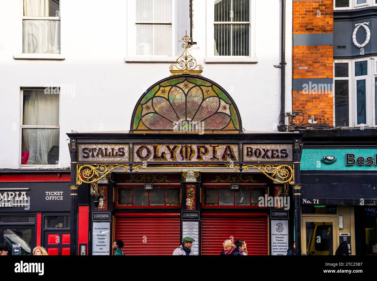 Cast-iron and glass canopy in the front entrance of Olympia Theatre, in Dame Street, Dublin city center, Ireland Stock Photo
