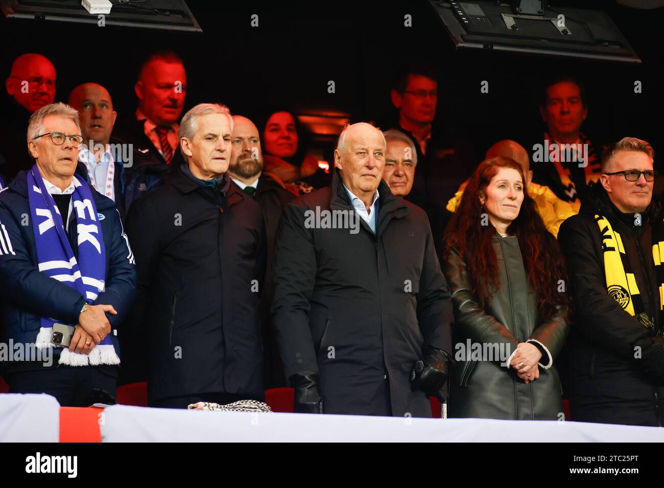 Oslo, Norway, 9th December 2023. The Chairman of Molde FK    Odd Ivar Moen, the Norwegian Prime Minister Jonas Gahr Støre, King Harald of Norway, the President of NFF Lise Klaveness and the Mayor of Bodø Odd Emil Ingebrigtsen before the Norwegian Cup Final between Bodø/Glimt and Molde at Ullevål Stadium in Oslo. Credit: Frode Arnesen/Alamy Live News Stock Photo