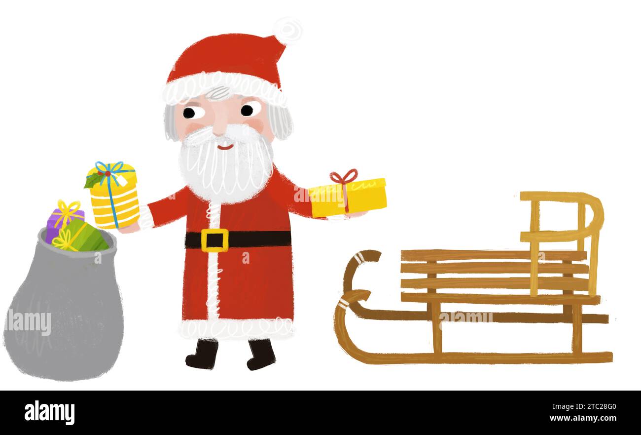 cartoon happy christmas scene with santa claus with sleigh with presents illustration for kids Stock Photo