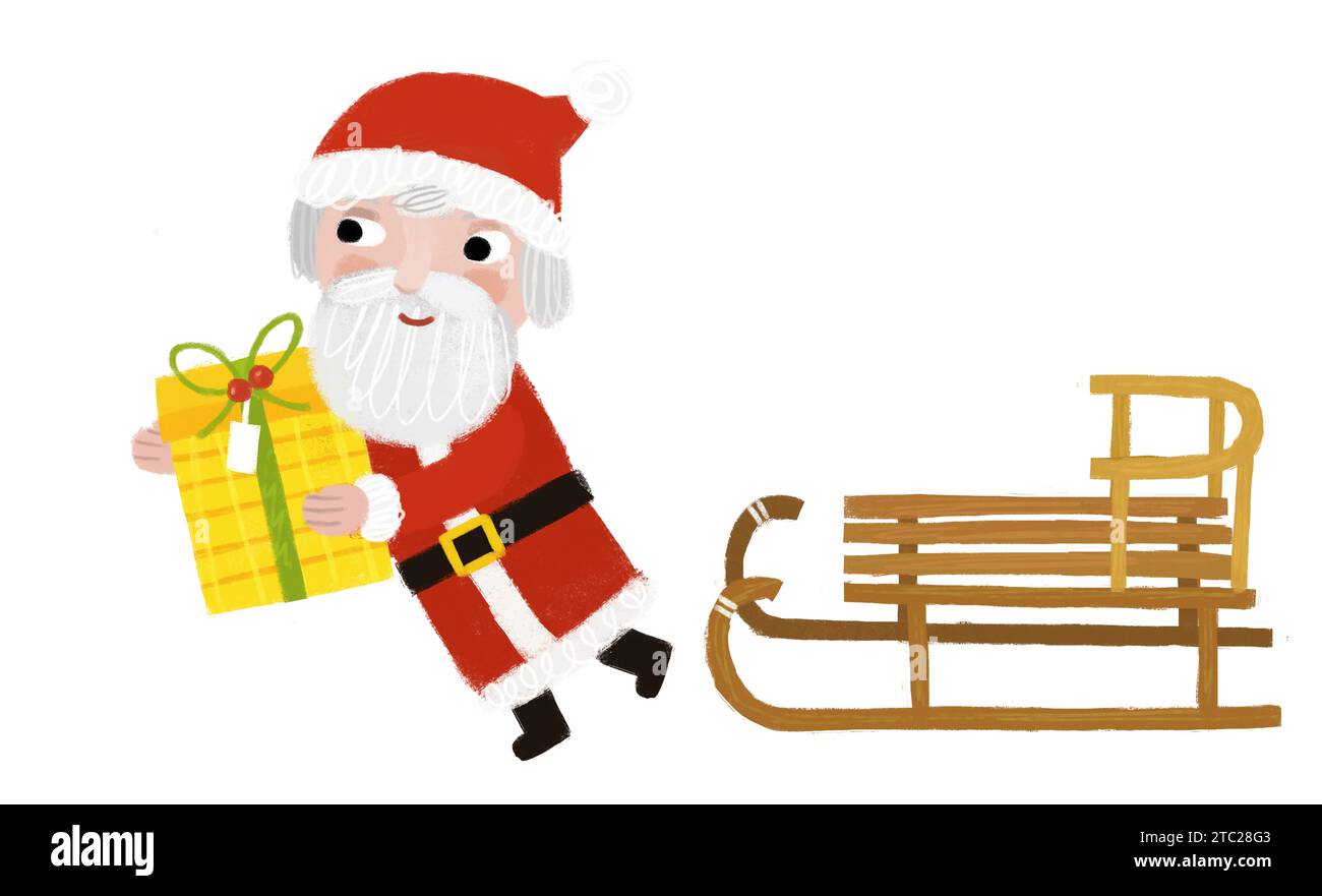 cartoon happy christmas scene with santa claus with sleigh with presents illustration for kids Stock Photo