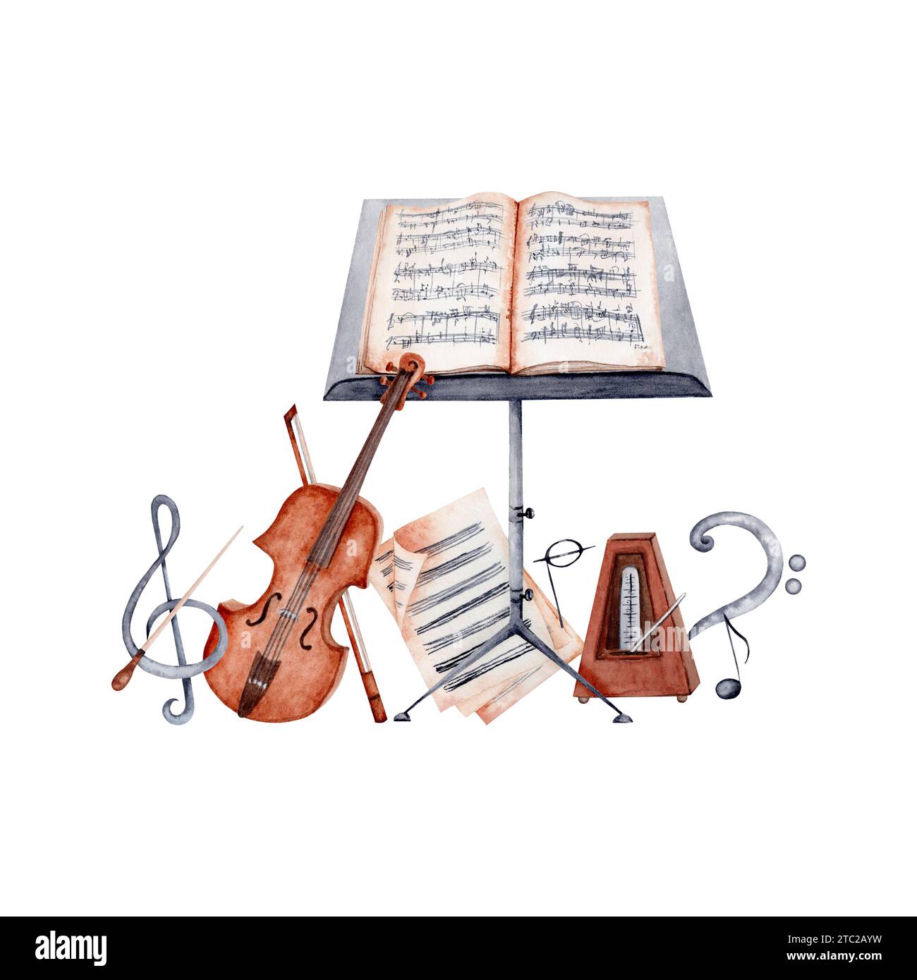 Violin, Music Stand, Sheet Music, Baton, Metronome, Treble and Bass Clef and Music Notes Classical music composition. Isolated watercolor illustration Stock Photo