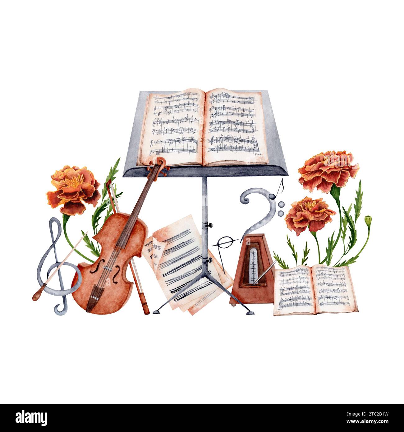 Violin, Music Stand, Sheet Music, Baton, Metronome, Treble and Bass Clef decorated with marigold flowers composition. Watercolor illustration Stock Photo