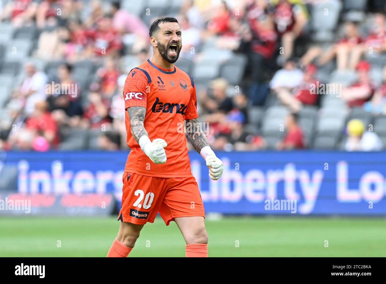 10th December 2023;  CommBank Stadium, Sydney, NSW, Australia: A-League Football, Western Sydney Wanderers versus Melbourne Victory; Paul Izzo of Melbourne Victory celebrates Bruno Fornaroli of Melbourne Victory scoring his 3rd goal in the 51st minute Stock Photo