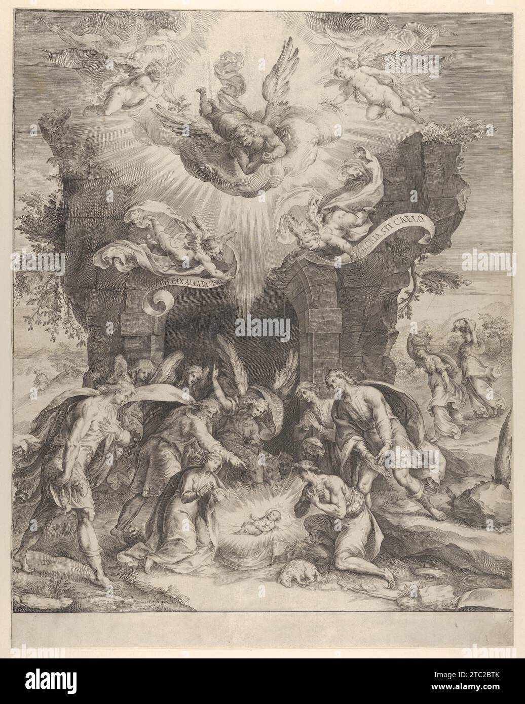 The Adoration of the Shepherds with the Christ Child at center and angels above 1951 by Cherubino Alberti (Zaccaria Mattia) Stock Photo