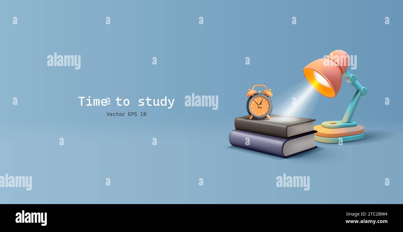 3d render vector illustration of desk lamp with pile of books and alarm ...