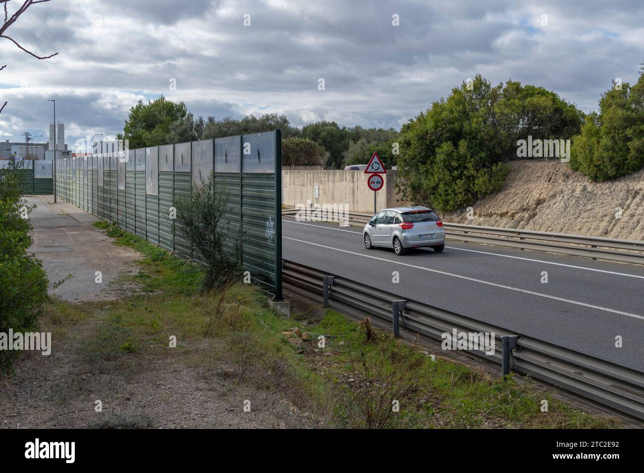 Felanitx, Spain; december 07 2023: Road noise barriers in the Majorcan town of Felanitx on a winter day. Spain Stock Photo