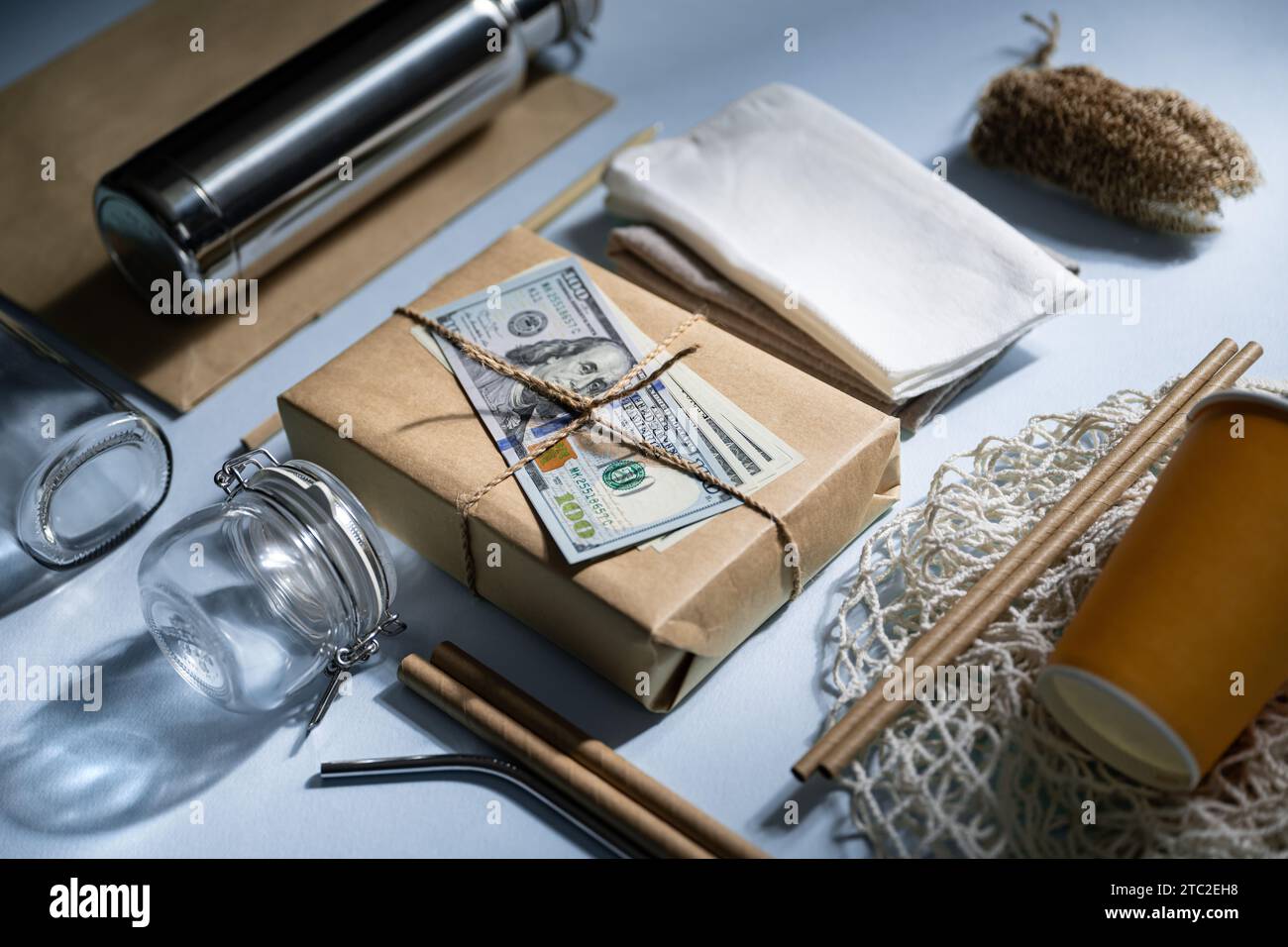 Eco-friendly daily necessities and sunlight placed on the floor Stock Photo