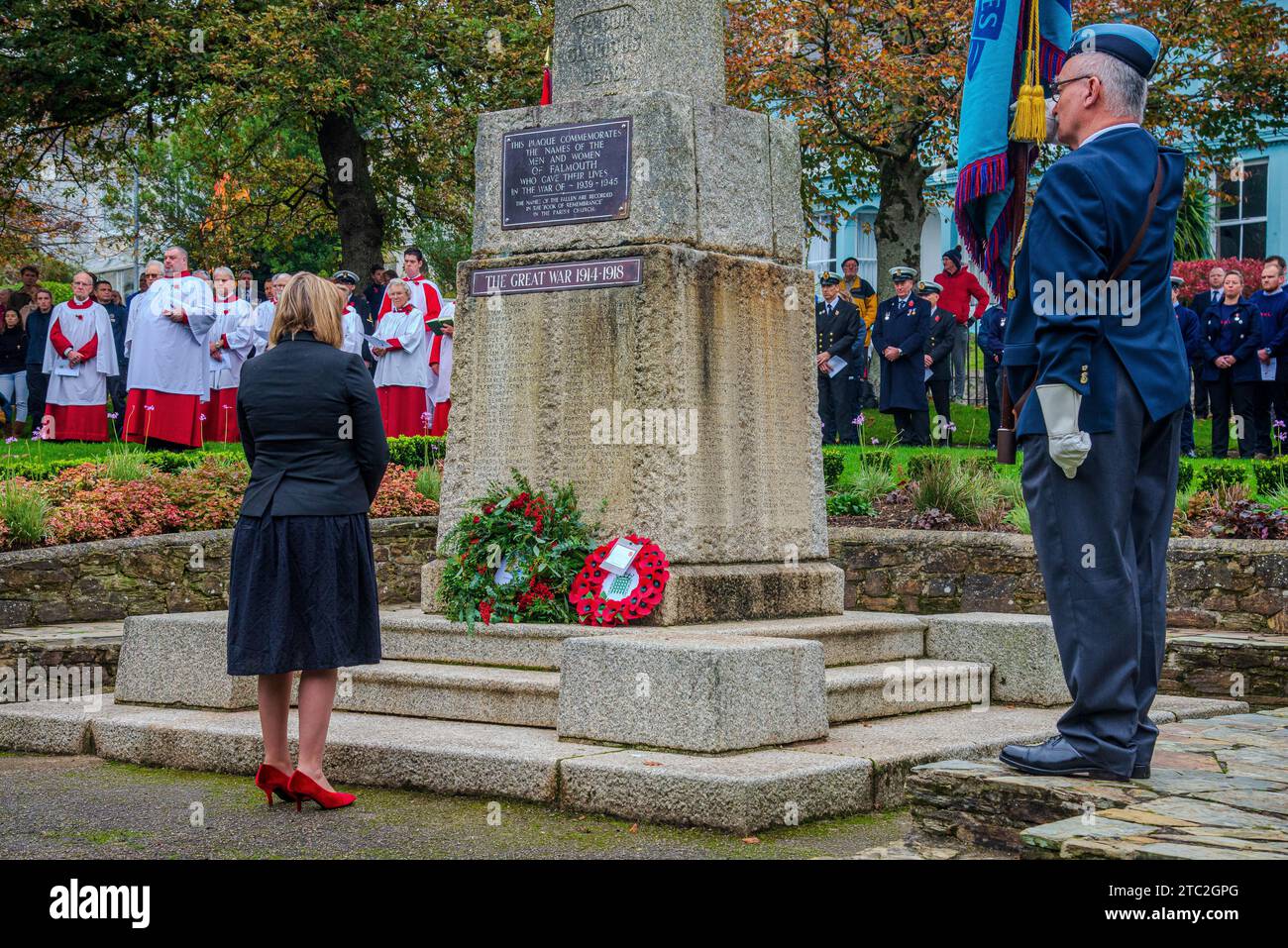 Falmouth remembers the Fallen on remembrance day 2023 with a parade of military forces and wreath laying ceremony at Kimberly Park. Stock Photo