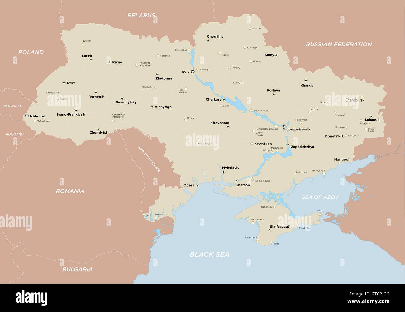 Detailed map of Ukraine with cities, rivers, regions, seas. Ukraine and neighboring countries. Stock Photo