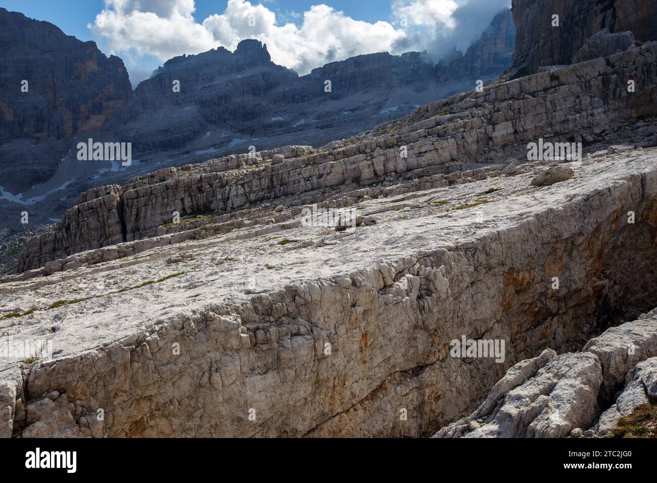 Karst furrows, steps, on limestone rock in the Brenta Dolomites. Trentino. Italian Alps. Europe. Stock Photo
