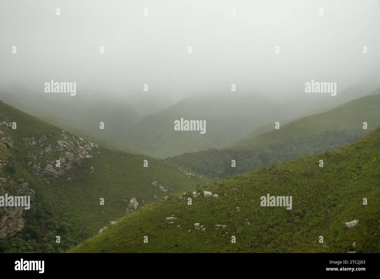 Travelling through the Outeniqua mountain pass with views of fog creeping over the Outeniqua mountains Stock Photo