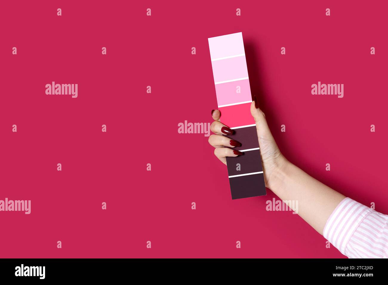 Holding the Viva Magenta color chip with one hand and showing it as a gesture Stock Photo