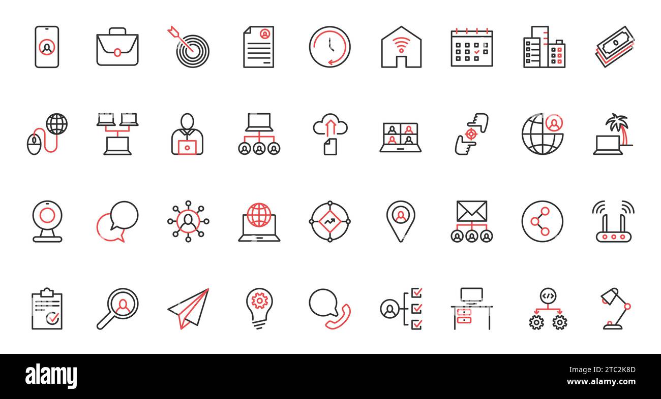 Freelance, work in home office red black thin line icons set vector illustration. Online communication and collaboration of freelancers with remote locations, productivity and portfolio of resume. Stock Vector