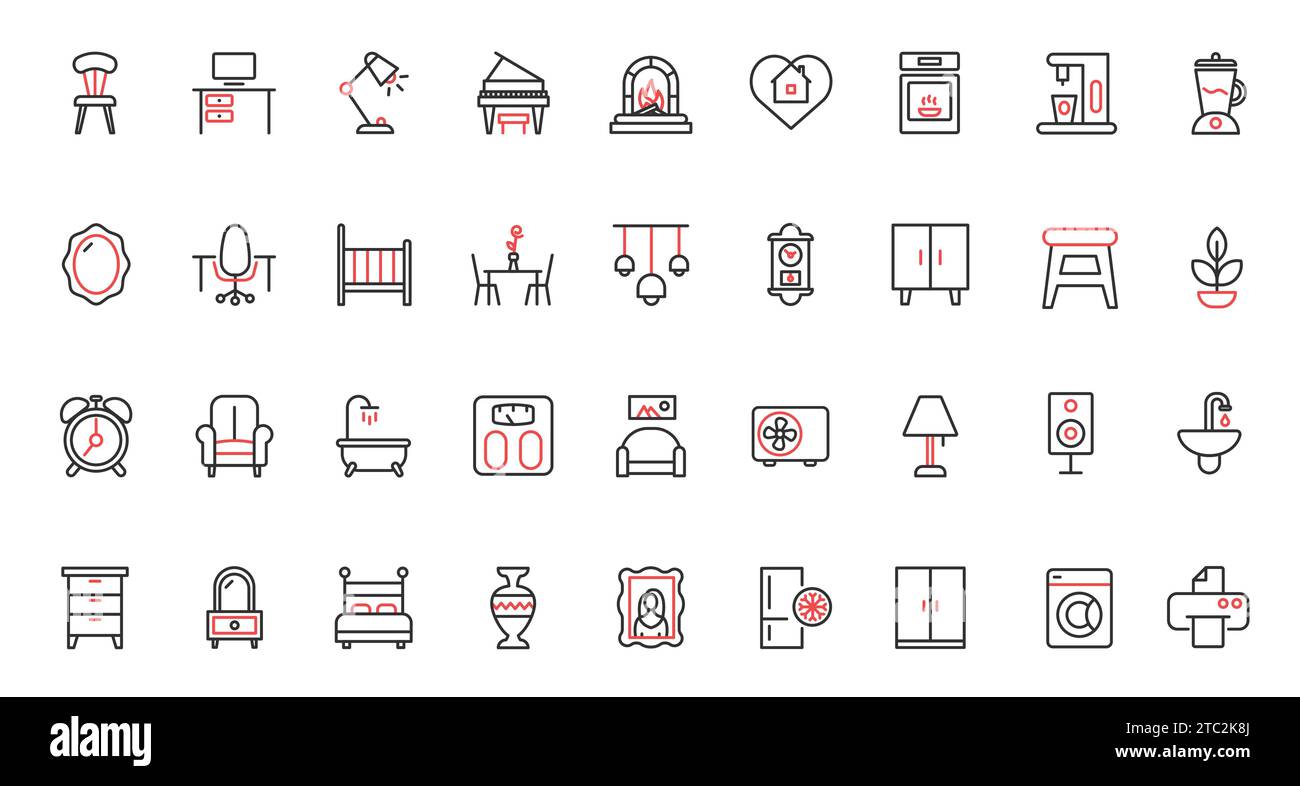 Home furniture and appliances red black thin line icons set vector ...