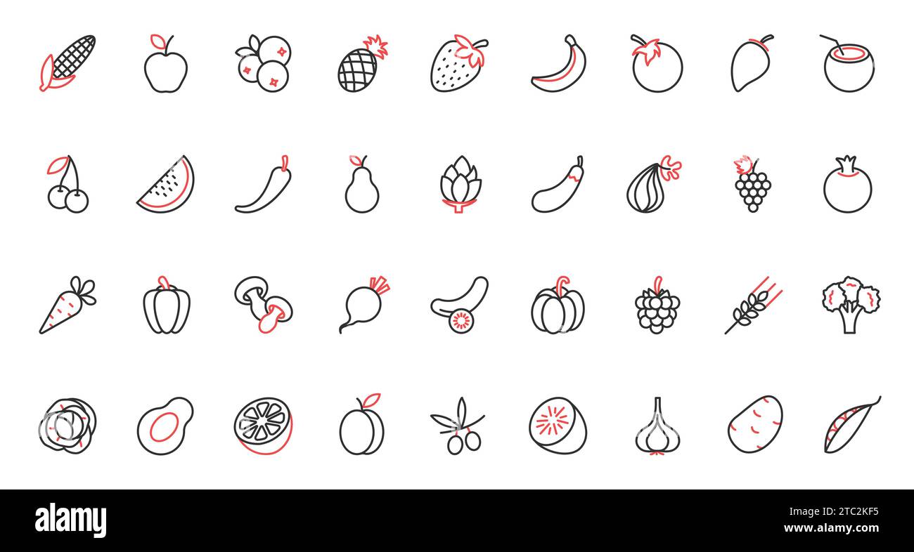 Fruit and vegetable red black thin line icons set vector illustration ...