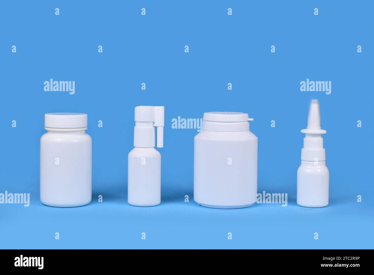 Medication for cold and flue. Nasal spray, throat spray, pills in a row