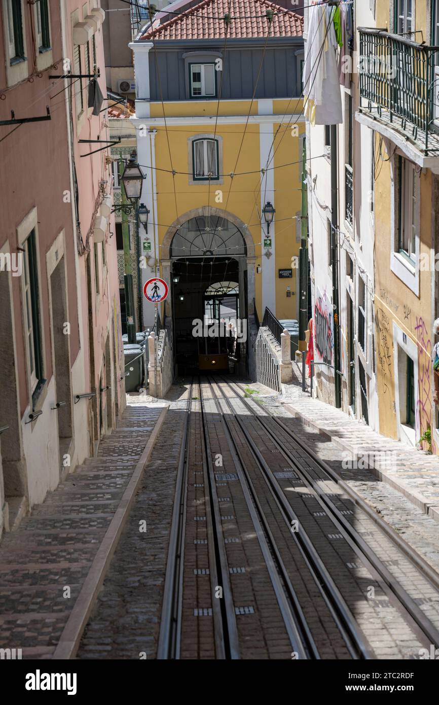 Bica Funicular, Ascensor da Bica, public transport tram in Lisbon, Portugal Stock Photo