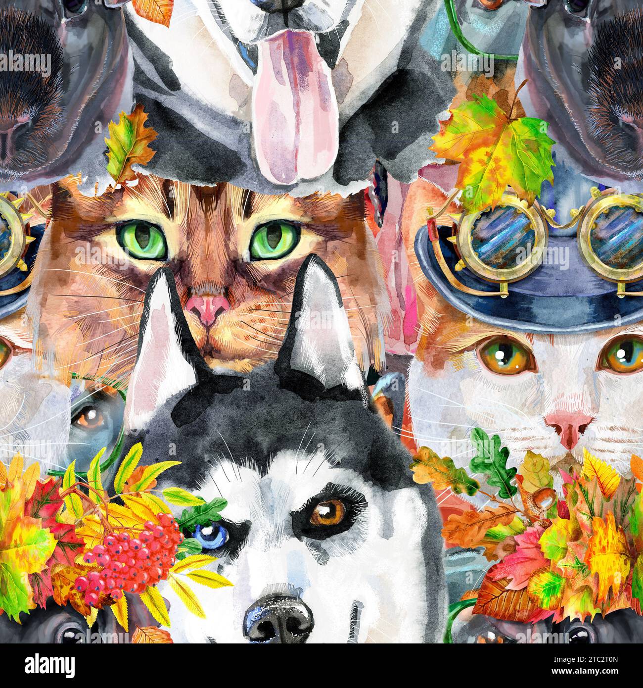 Seamless pets pattern. Hand painted watercolor drawing, isolate clip ...