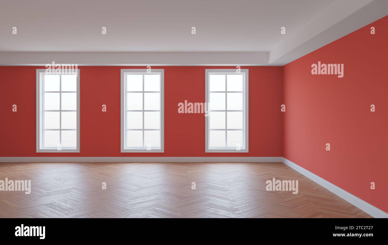 Interior with Light Red Walls, White Ceiling and Conrnice, Three Large Windows, Herringbone Parquet Flooring and a White Plinth. Beautiful Concept of the Room, 3d Rendering. 8K Ultra HD, 7680x4320 Stock Photo