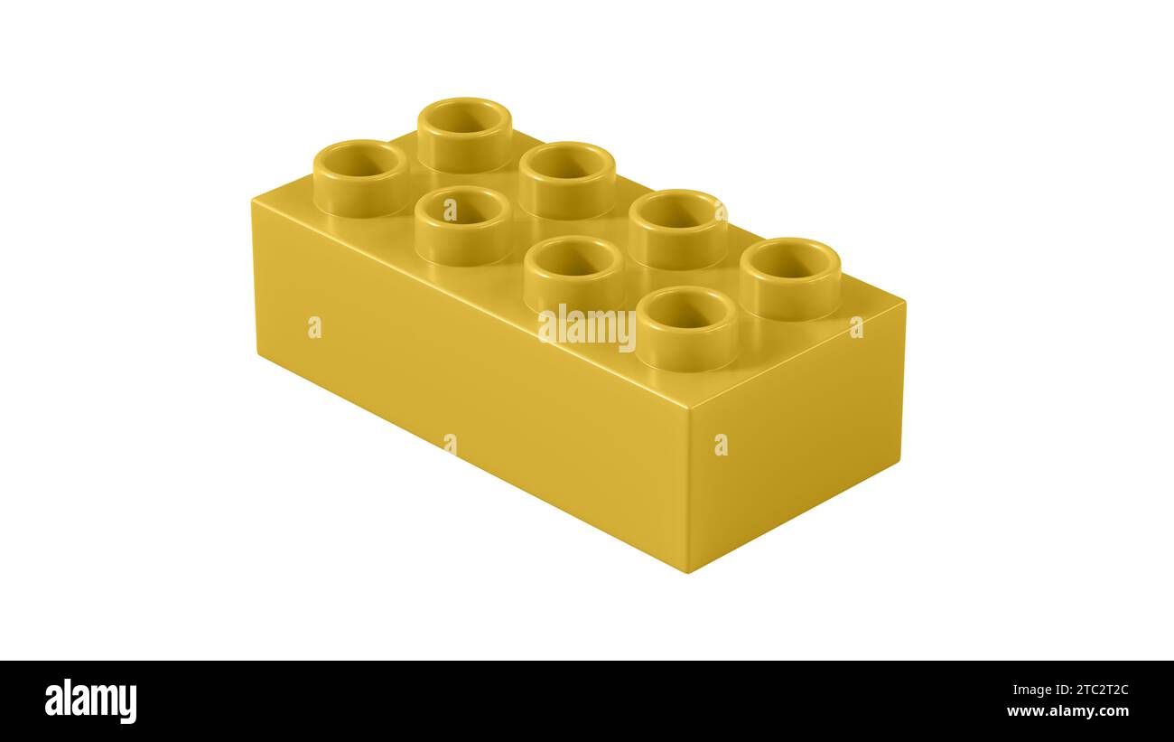 Metallic Gold Plastic Lego Block Isolated on a White Background. Children Toy Brick, Perspective View. Close Up View of a Game Block for Constructors. 3D rendering. 8K Ultra HD, 7680x4320, 300 dpi Stock Photo