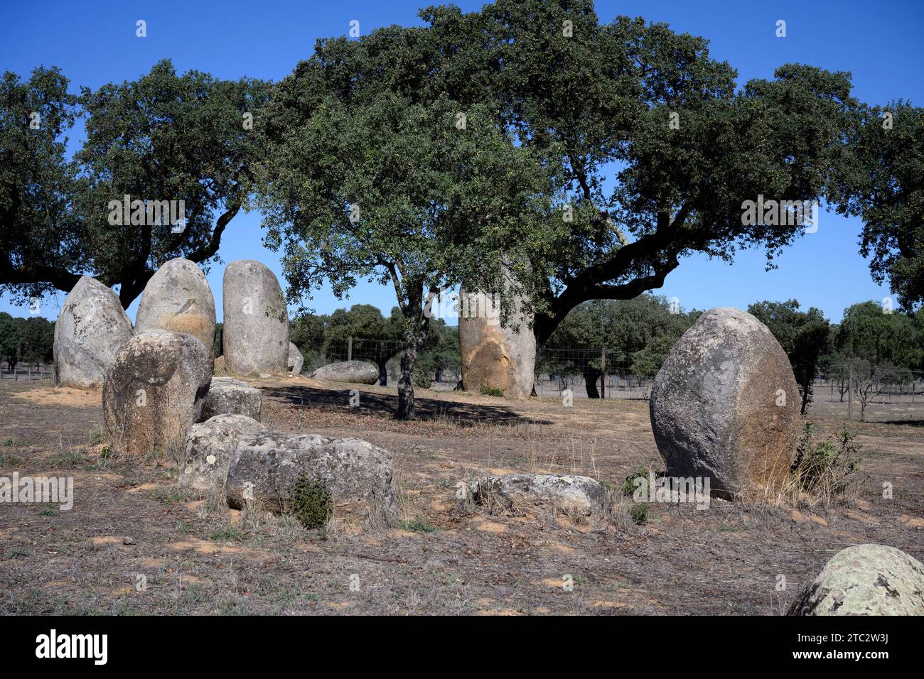Cromeleque de Vale Maria do Meio The Vale Maria do Meio Cromlech is a megalithic stone circle situated in Évora district in the Alentejo region of Por Stock Photo