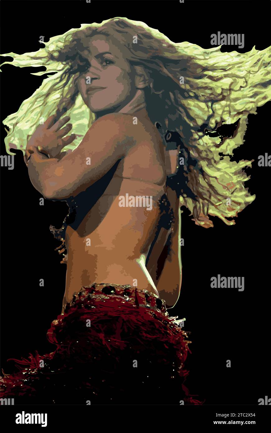 Portrait of Shakira. Vector Black and colors. Colombian female singer with wavy hair. She dances moving her hips, Latin pop music in South America. Stock Vector