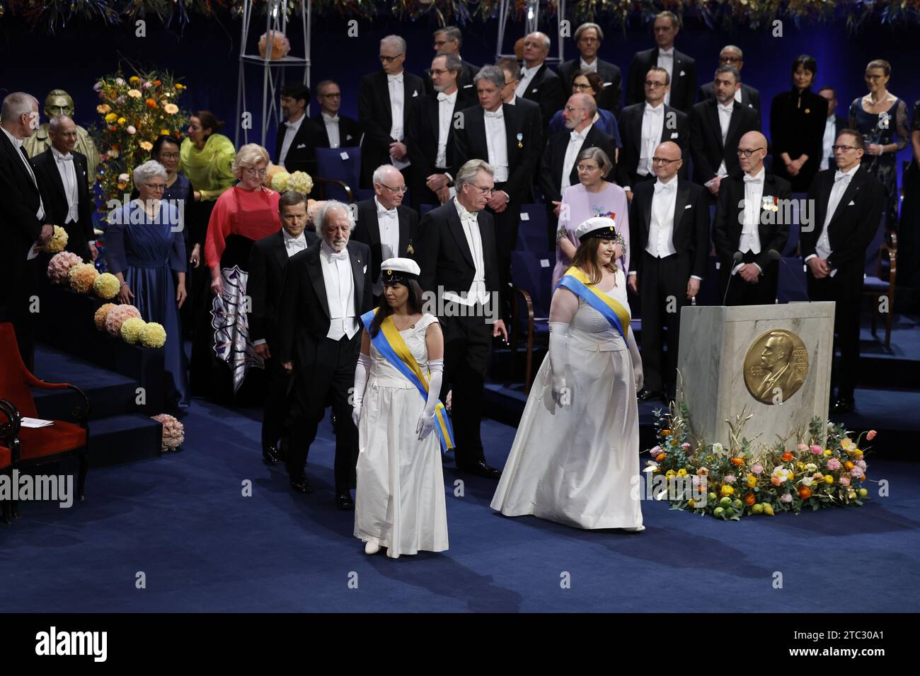 The Nobel laureates arrive at the Nobel Prize ceremony at the Concert Hall in Stockholm, Sweden on December 10, 2023. Photo: Christine Olsson / TT / Code 10430 Stock Photo
