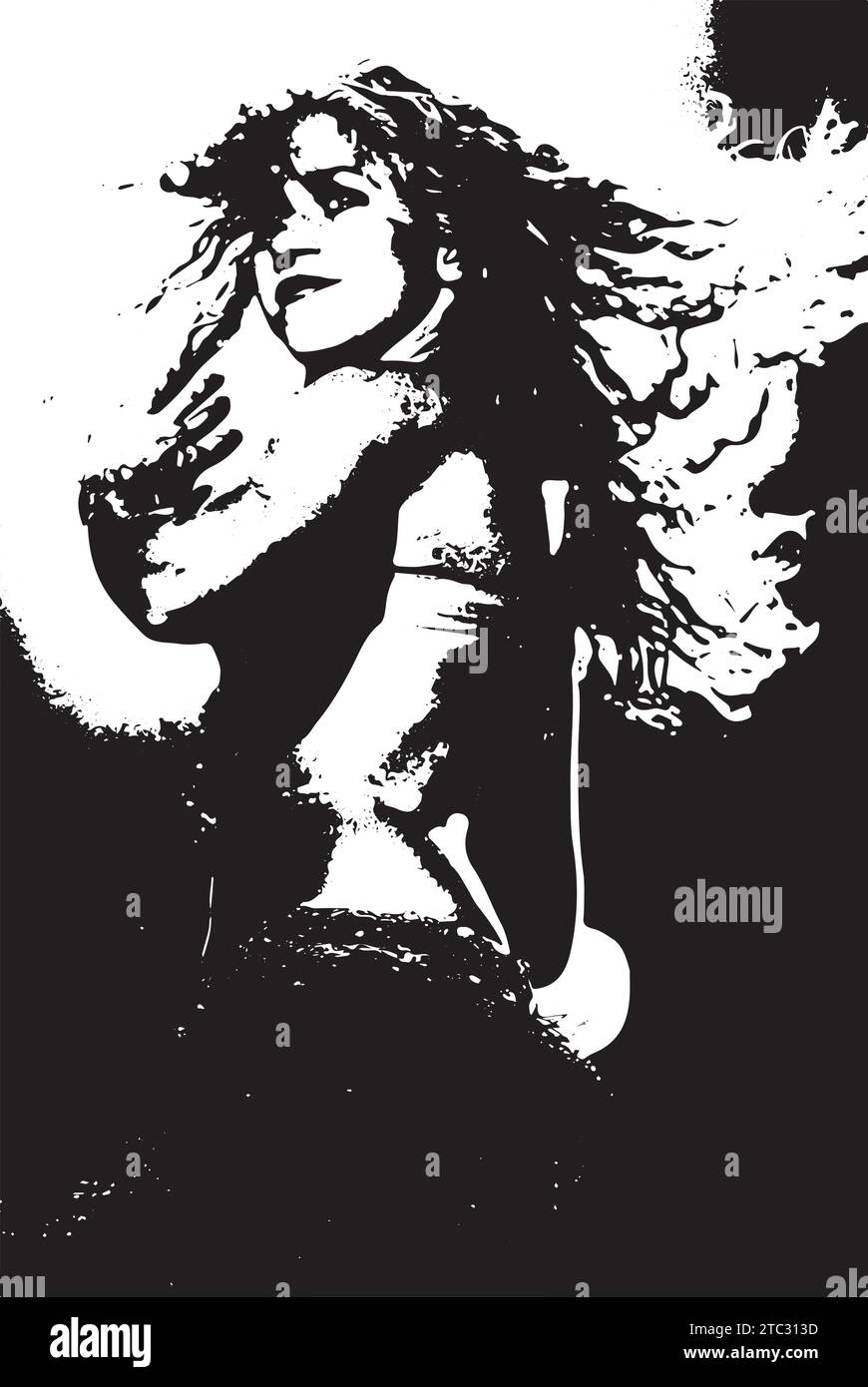 Portrait of Shakira. Vector Black and white. Colombian female singer with wavy hair. She dances moving her hips, Latin pop music in South America. Stock Vector