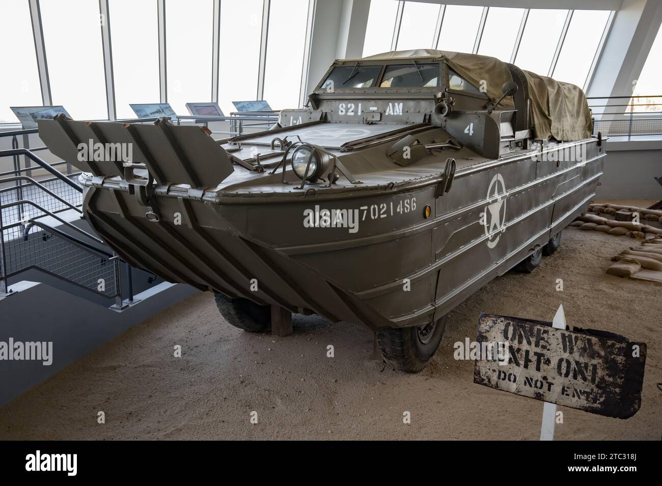 Front view of the American GMC DUKW amphibious military vehicle during the Normandy landings in World War II, the vehicle is nicknamed 'Duck Joanne' Stock Photo