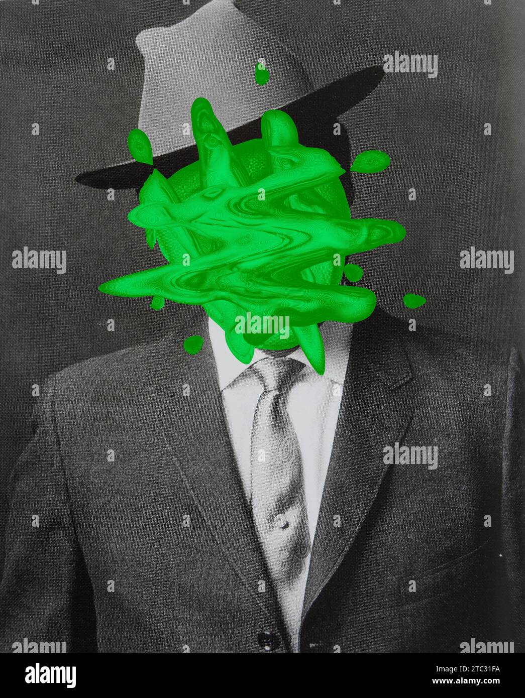 Black and white portrait of someone wearing a jacket, tie and hat. Green liquid stain on the face. Stock Photo