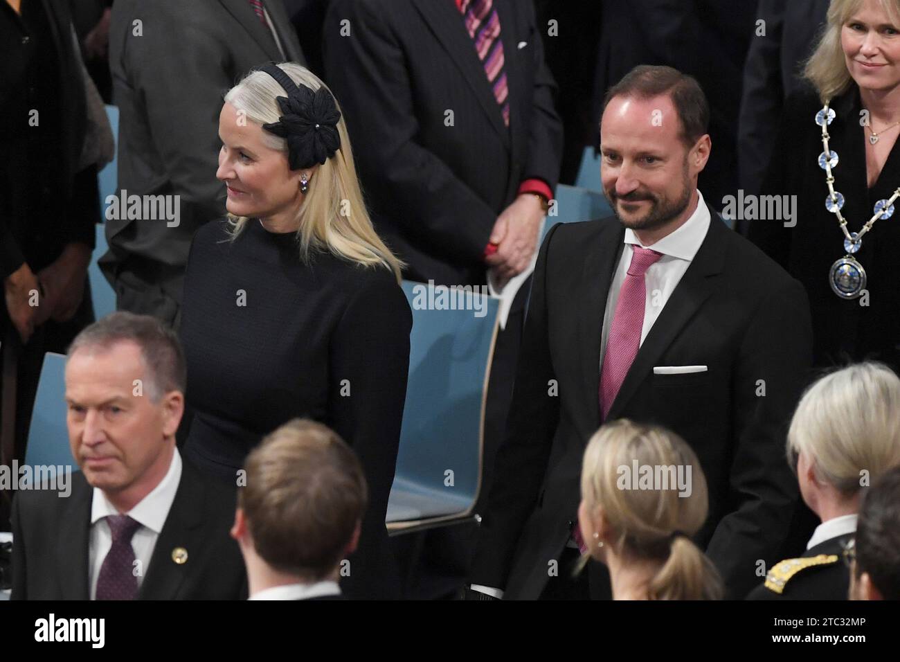 Oslo, Norway. 10th Dec, 2023. Crown Prince Haakon and Crown Princess Mette-Marit attend The Nobel Peace Prize ceremony for Iranian activist Narges Mohammadi at the Nobel Institute in Oslo, Norway. 2023 Nobel Peace Prize winner Narges Mohammadi is imprisoned and is therefore represented by her family. Mohammadi receives the peace prize for her fight against the oppression of women in Iran and the fight for human rights and freedom for all. December 10, 2023. Photo by Paul Treadway/ Credit: UPI/Alamy Live News Stock Photo