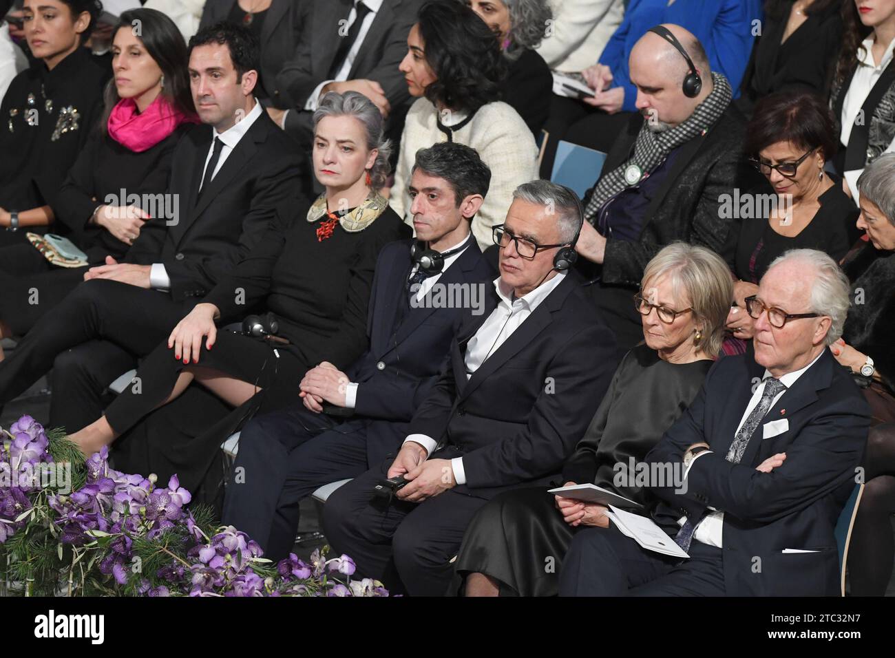 Oslo, Norway. 10th Dec, 2023. Hamidreza Mohammadi and Taghi Rahmani attend The Nobel Peace Prize ceremony for Iranian activist Narges Mohammadi at the Nobel Institute in Oslo, Norway. 2023 Nobel Peace Prize winner Narges Mohammadi is imprisoned and is therefore represented by her family. Mohammadi receives the peace prize for her fight against the oppression of women in Iran and the fight for human rights and freedom for all. December 10, 2023. Photo by Paul Treadway/ Credit: UPI/Alamy Live News Stock Photo