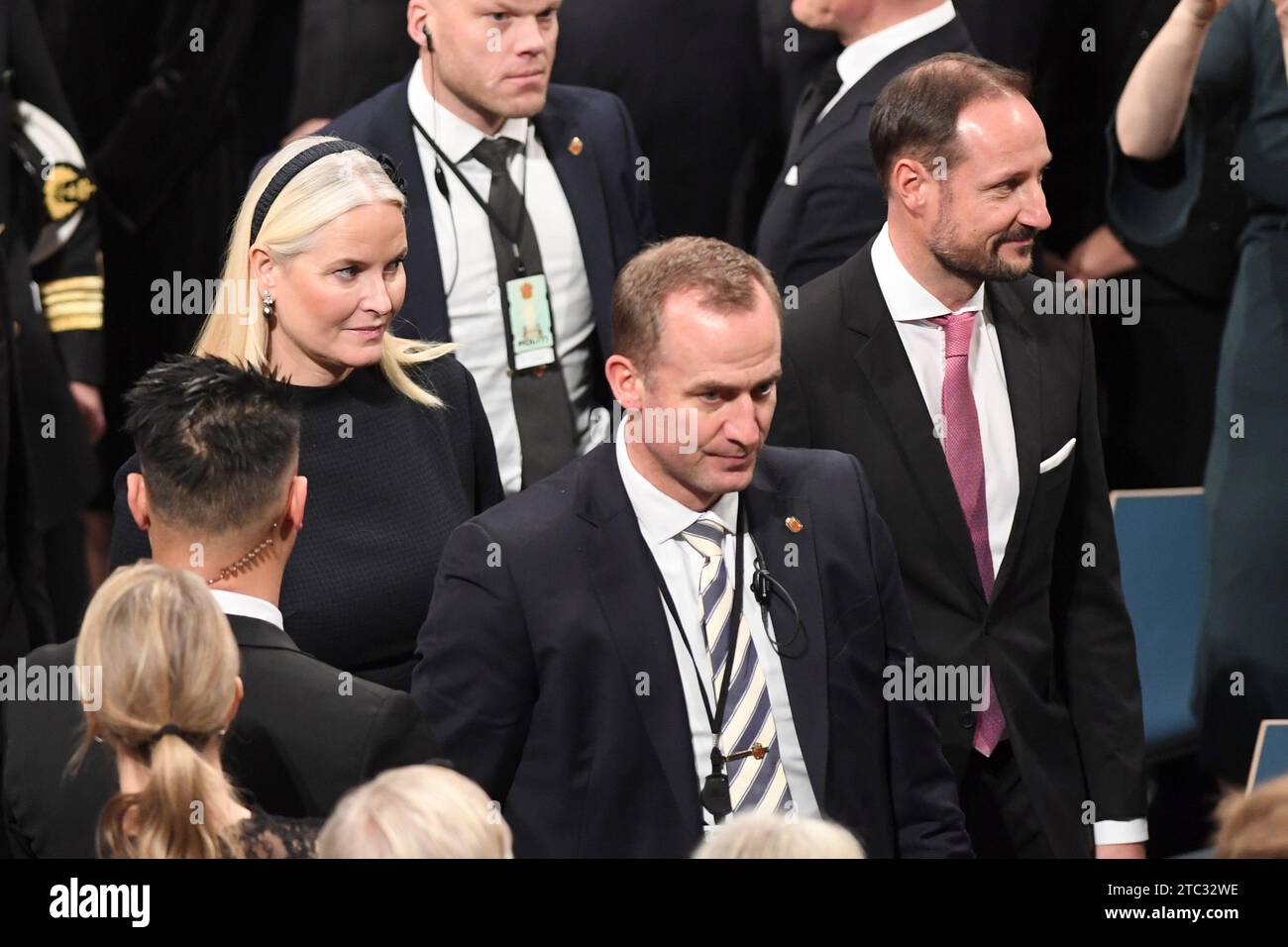 Oslo, Norway. 10th Dec, 2023. Crown Princess Mette-Marit and Crown Prince Haakon attend The Nobel Peace Prize ceremony for Iranian activist Narges Mohammadi at the Nobel Institute in Oslo, Norway. 2023 Nobel Peace Prize winner Narges Mohammadi is imprisoned and is therefore represented by her family. Mohammadi receives the peace prize for her fight against the oppression of women in Iran and the fight for human rights and freedom for all. December 10, 2023. Photo by Paul Treadway/ Credit: UPI/Alamy Live News Stock Photo