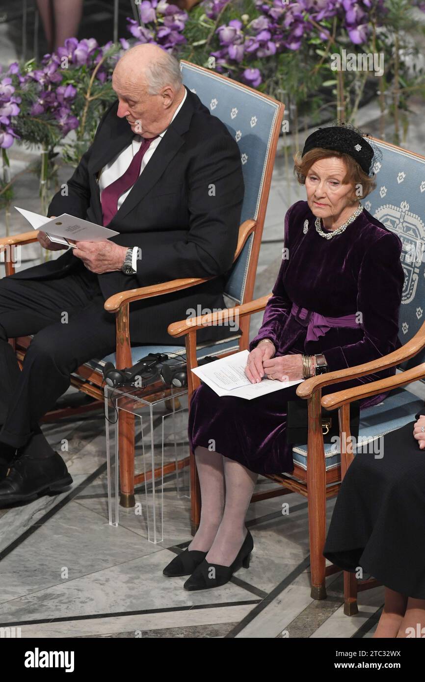 Oslo, Norway. 10th Dec, 2023. King Harald and Queen Sonja attend The Nobel Peace Prize ceremony for Iranian activist Narges Mohammadi at the Nobel Institute in Oslo, Norway. 2023 Nobel Peace Prize winner Narges Mohammadi is imprisoned and is therefore represented by her family. Mohammadi receives the peace prize for her fight against the oppression of women in Iran and the fight for human rights and freedom for all. December 10, 2023. Photo by Paul Treadway/ Credit: UPI/Alamy Live News Stock Photo