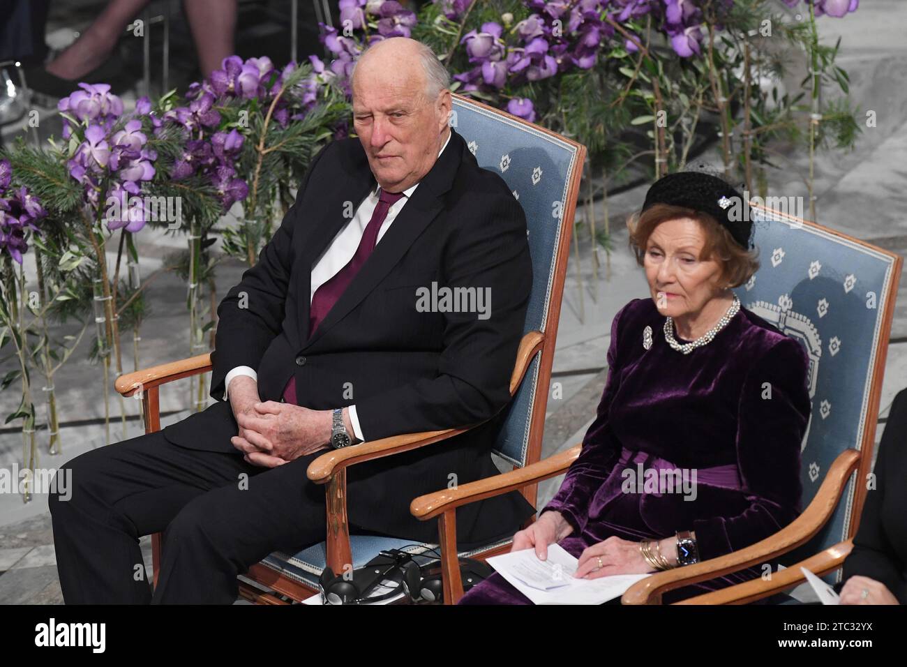 Oslo, Norway. 10th Dec, 2023. King Harald and Queen Sonja attend The Nobel Peace Prize ceremony for Iranian activist Narges Mohammadi at the Nobel Institute in Oslo, Norway. 2023 Nobel Peace Prize winner Narges Mohammadi is imprisoned and is therefore represented by her family. Mohammadi receives the peace prize for her fight against the oppression of women in Iran and the fight for human rights and freedom for all. December 10, 2023. Photo by Paul Treadway/ Credit: UPI/Alamy Live News Stock Photo